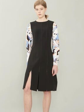 Black Sheath Dress with Printed Long Sleeves